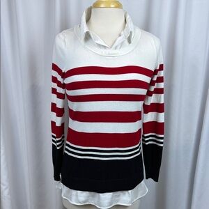 Calvin Klein White, Black, and Red Striped Sweater, Small